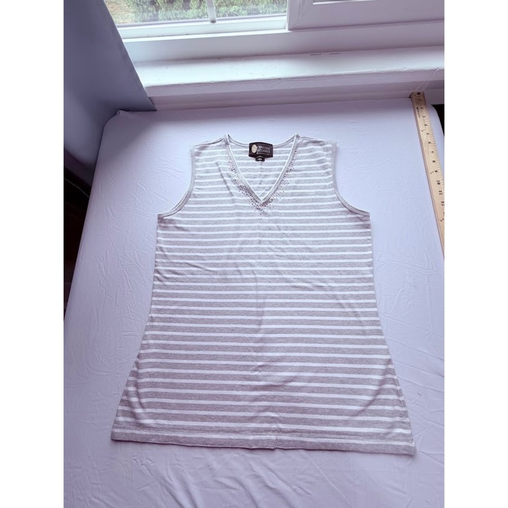 Christine Alexander Womens Grey White Striped Rhinestone V-Neck Tank Top Large